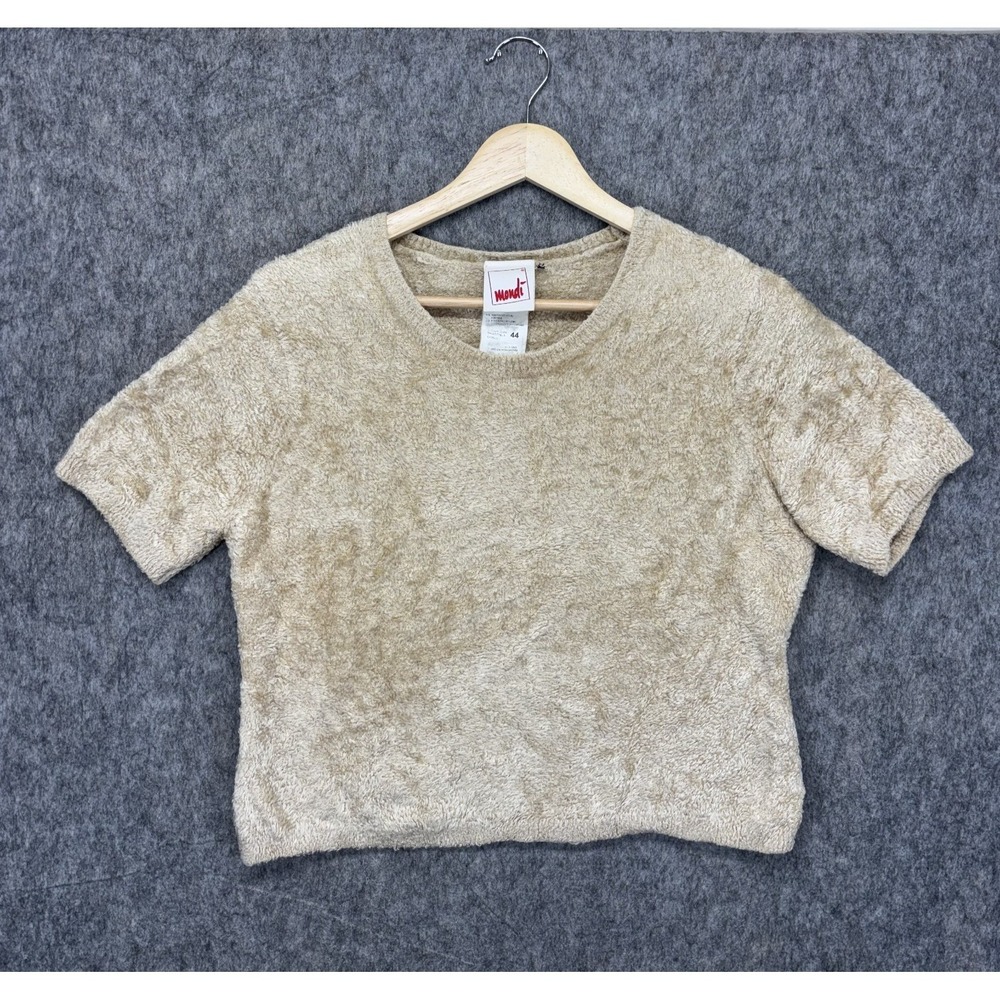 Vintage Mondi Top Womens 44 18x19 Fuzzy Teddy T-Shirt Tan Boxy Crop Short Sleeve